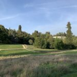 Photo of a landscaped parkland with a glimpse of a white mansion hose on the horizon