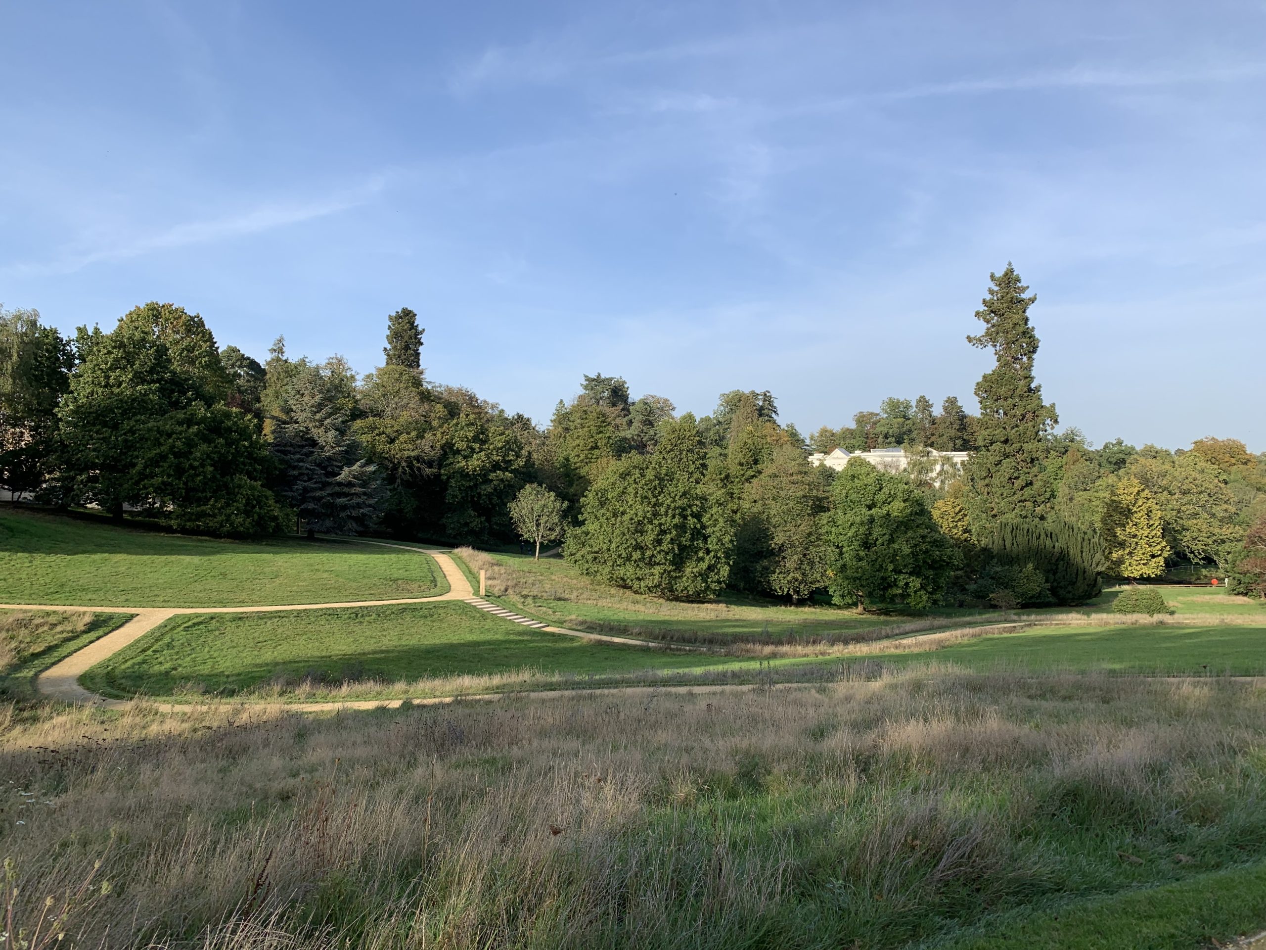 Photo of a landscaped parkland with a glimpse of a white mansion hose on the horizon