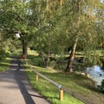 Photo of a tarmac path near an ornamental pond