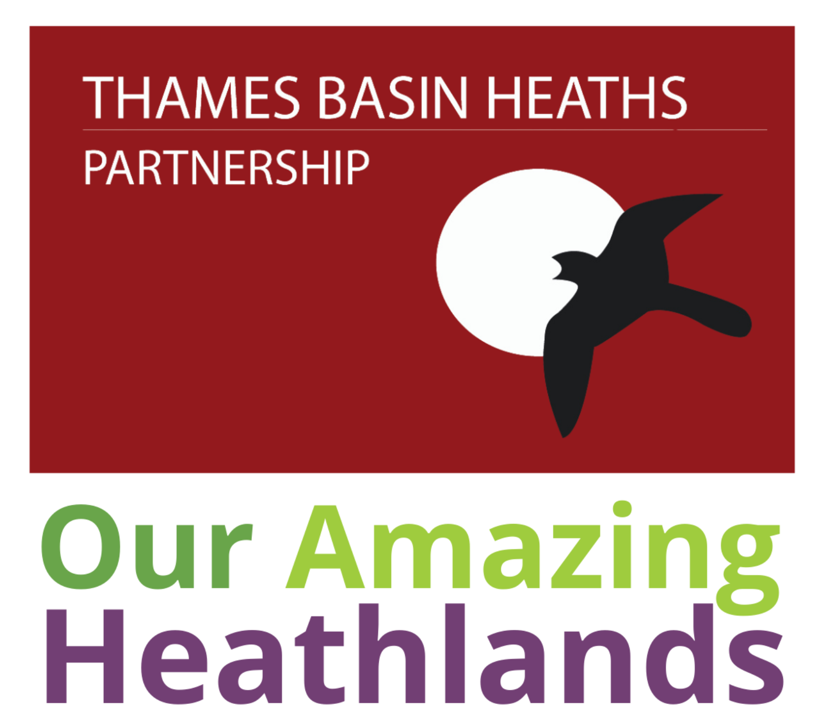 Burgundy Thames Basin Heaths Partnership logo including black nightjar with the words Our Amazing Heathlands underneath