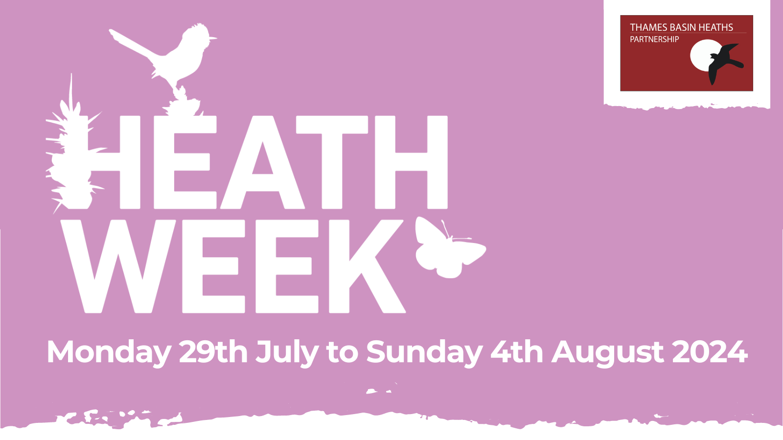 Pink banner with dates of Heath Week - Monday 29th July to Sunday 4th August