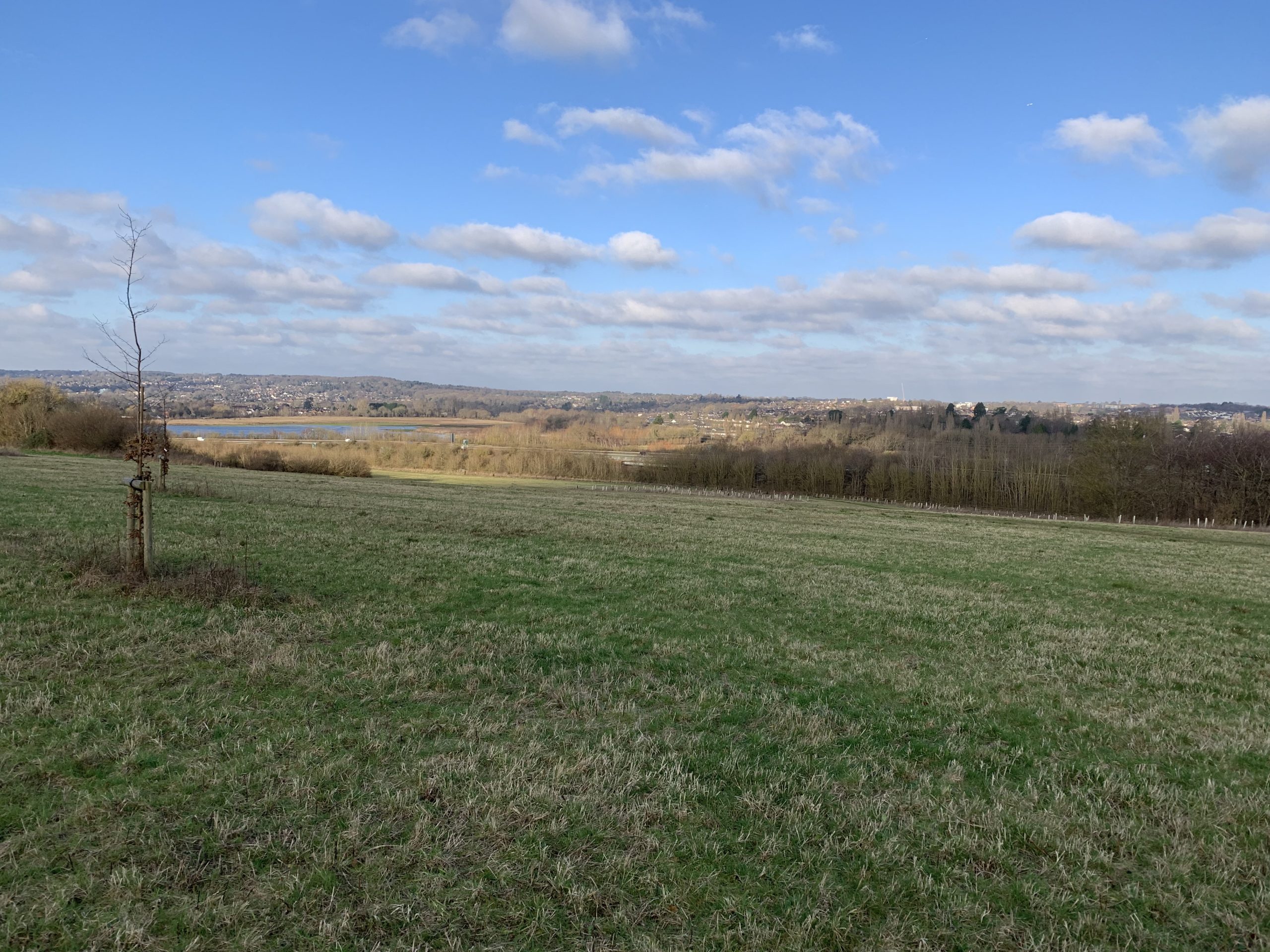 Photo taken on a wintery hillside, looking out over the surrounding countryside.