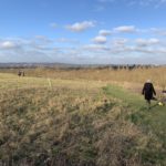 Photo taken on a wintery hillside, looking out over the surrounding countryside. Dog walkers are enjoying a walk in wintery sunshine.