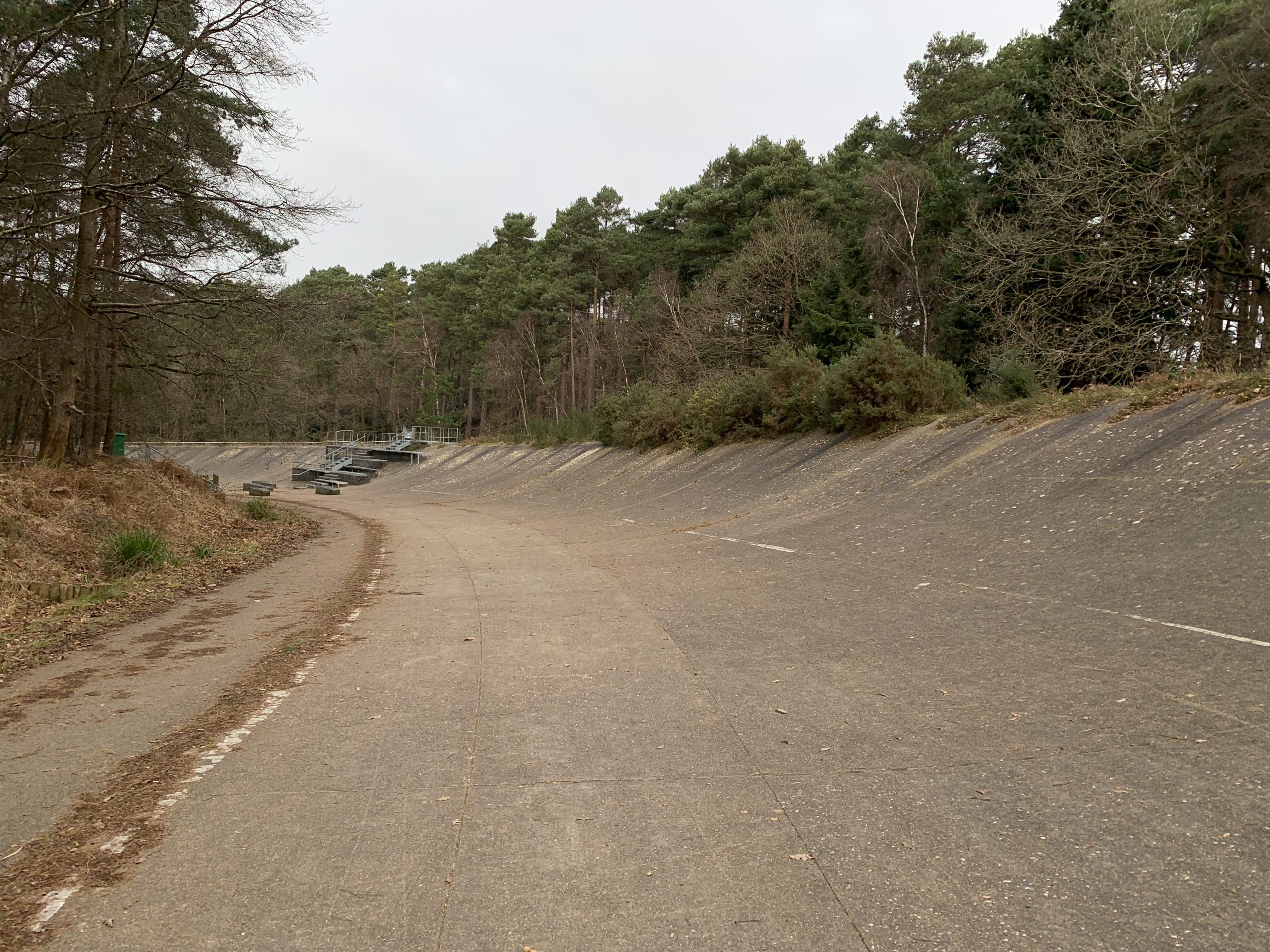 Wintery photograph of the banked test track at Buckler's Forest on a cold January day.