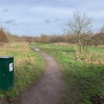 Wintery photo shows a gravel path heading off across a meadow and into an area of low trees. A dog poo bin stands in the foreground.