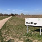 Photo of an open grass area with surfaced path and large white sign with the site name, The Ridge.
