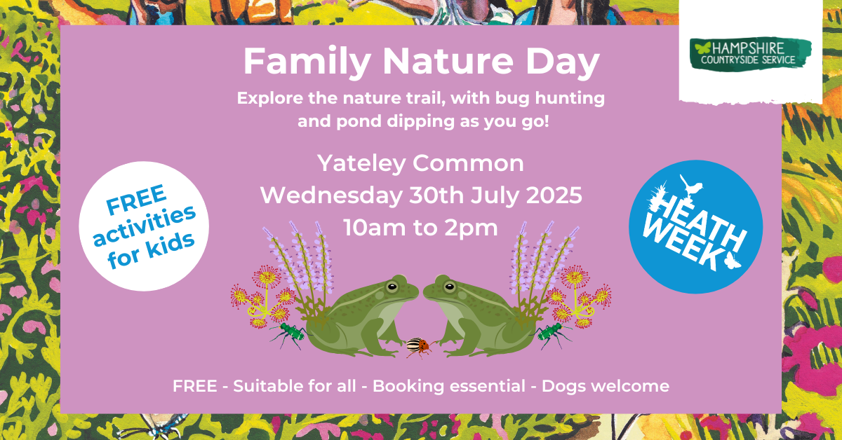 Pretty pink poster advertising a Family Nature Day at Yateley Common